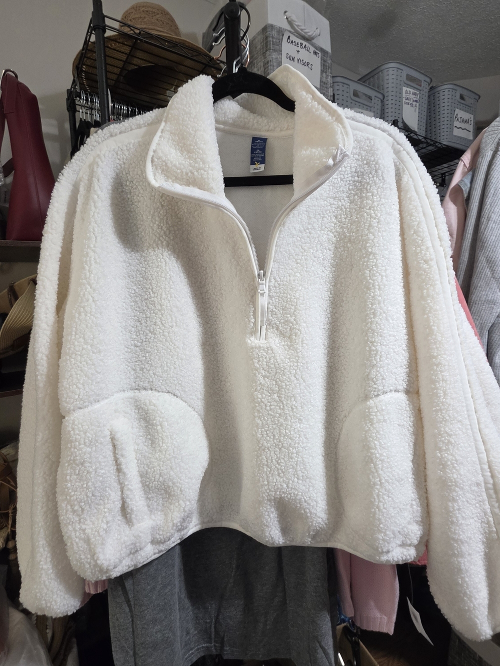 Cream Sherpa Half-Zip Pullover Jacket -with Front Pockets